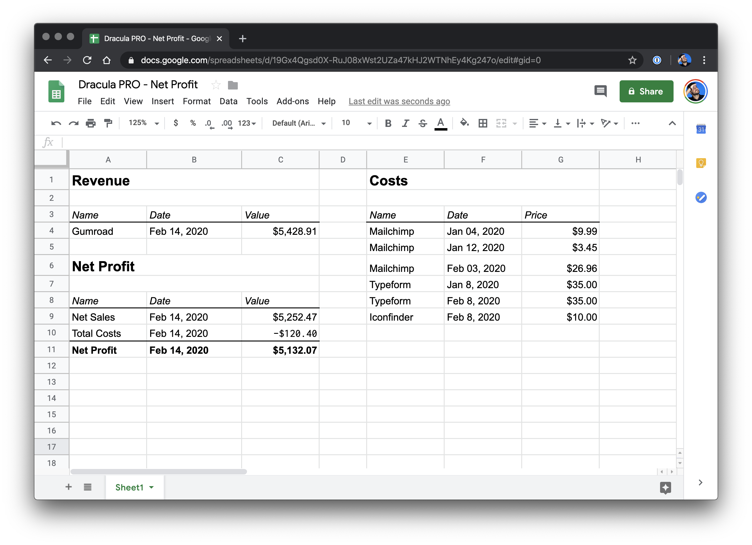 Spreadsheet Net Profit Screenshot